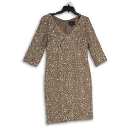 Alex Evenings Womens Brown Sequin Lace 3/4 Sleeve V-Neck Sheath Dress Size 6