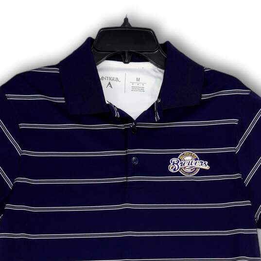Mens Blue Stripe Spread Collar Short Sleeve Polo Shirt Size Medium image number 3
