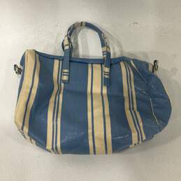 Womens Blue White Leather Striped Detachable Strap Log Charm Duffle Bag