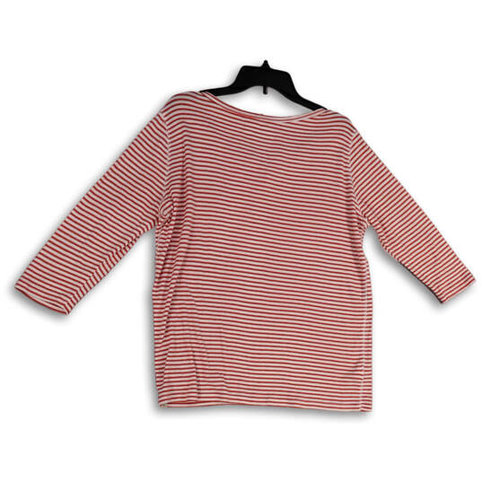 Womens Red White Striped 3/4 Sleeve Split Neck Pullover T-Shirt Size XL image number 2