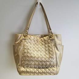 Coach Leather North South Woven Tote Gold