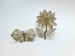 Vintage 925 Spun Filigree Butterfly & Flower Statement Brooches 45.3g
