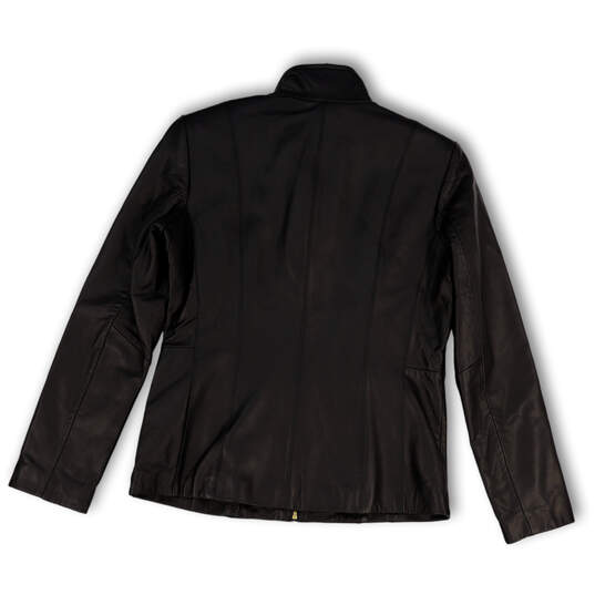 Womens Black Leather Long Sleeve Mock Neck Pockets Full-Zip Jacket Size S image number 2