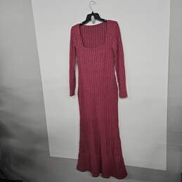 Pink Long Sleeve Ribbed Knit Square Neck Dress