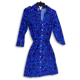 Womens Blue Purple Abstract Long Sleeve Spread Collar Shirt Dress Size M
