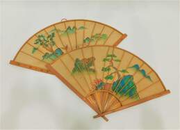 Pair Of Vintage Wood & Hand Painted Canvas Asian Art Fan Wall Hangings