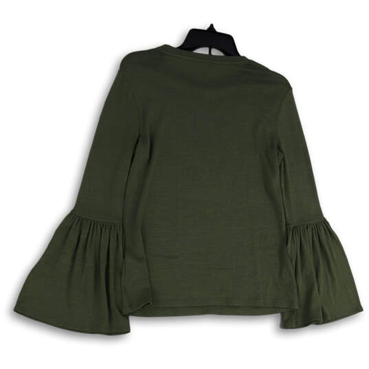 Womens Green Round Neck Bell Sleeve Regular Fit Pullover Blouse Top Size S image number 2