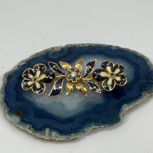 Designer Joan Rivers Gold-Tone Crystal Cut Stone Blue Flowers Brooch Pin image number 1