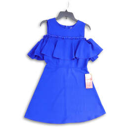 NWT Womens Blue Ruffle Cold Shoulder Back Zip Short Mini Dress Size Large