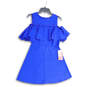 NWT Womens Blue Ruffle Cold Shoulder Back Zip Short Mini Dress Size Large image number 1