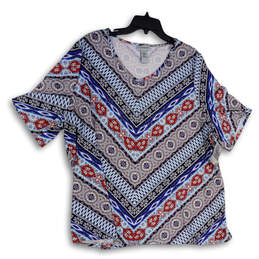 NWT Womens Blue Red Batik Short Sleeve V-Neck Pullover Tunic Top Size 2X