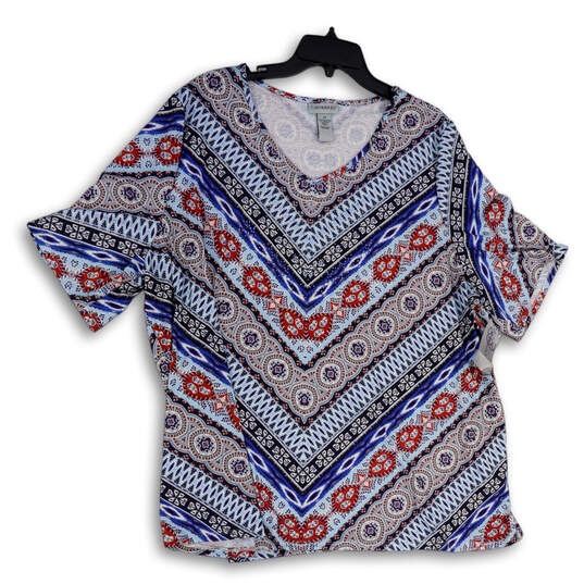 NWT Womens Blue Red Batik Short Sleeve V-Neck Pullover Tunic Top Size 2X image number 1
