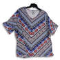 NWT Womens Blue Red Batik Short Sleeve V-Neck Pullover Tunic Top Size 2X image number 1