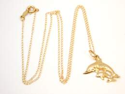 14K Yellow Gold Jumping Dolphins Pendant Necklace 1.3g