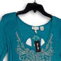 Womens Blue Lace Beaded Scoop Neck Long Sleeve Back Cutout Tunic Top Size L image number 3