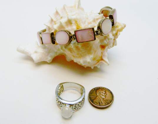 Romantic 925 Sterling Silver Pink Mother of Pearl Inlay Bracelet & Moonstone Ring 26.2g image number 4