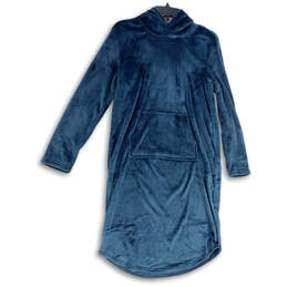 Womens Blue Kangaroo Pockets Hooded One-Piece Sleepwear Lounger Sz S/M
