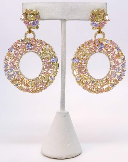 Joan Boyce Goldtone Pink Purple Yellow & Clear Cubic Zirconia Cluster Open Circle Drop Omega Clip Post Statement Earrings 33.6g image number 1
