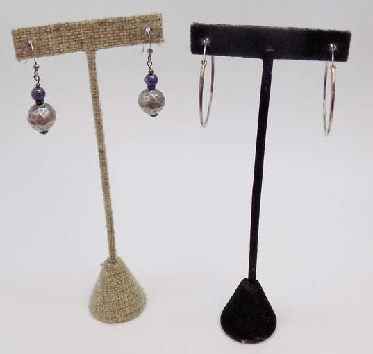 Rustic 925 Labradorite Dark Pearl & Purple Glass Tassel Pendant Necklace & Lapis Lazuli & Hammered Ball Bead Drop & Flat Hoop Earrings 17.1g image number 5