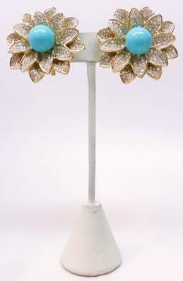 Joan Boyce Goldtone Faux Turquoise Ball & Rhinestones Pave Flower Clip On Earrings 41.4g