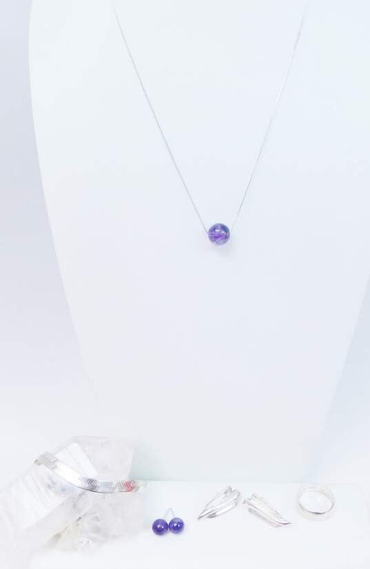 Artisan 925 Amethyst Ball Pendant Necklace Matching & Modernist Drop Post Earrings Herringbone Chain Bracelet & Wide Band Ring 23.5g image number 1