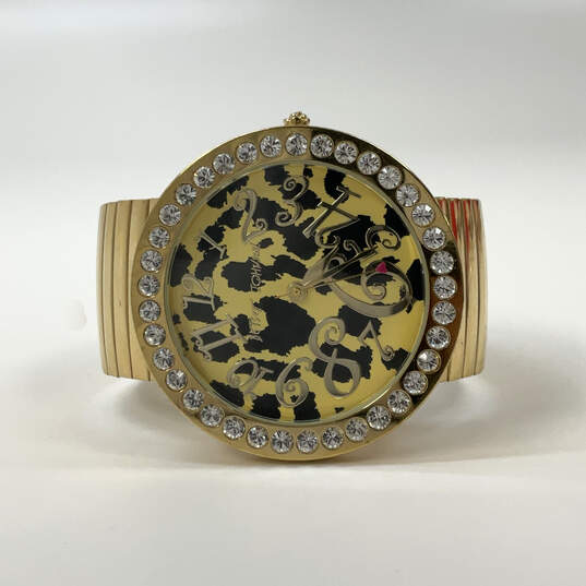 Designer Betsey Johnson Gold-Tone Rhinestone Round Dial Analog Wristwatch image number 1