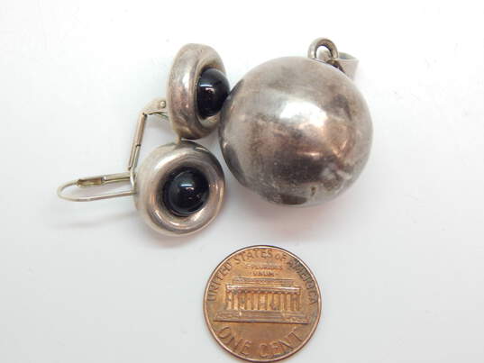 Taxco Mexico 925 Modernist Chime Ball Orb Pendant & Onyx Drop Earrings 22.3g image number 3
