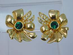 Vintage Swarovski S.A.L. Gold Tone Green & Clear Crystal Bow Clip Earrings 15.7g