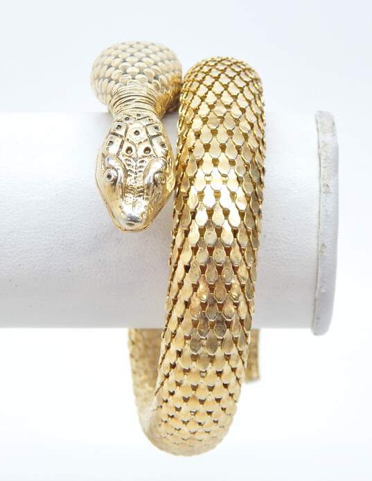 Vintage Whiting & Davis Goldtone Coiled Snake Mesh Wrap Statement Bracelet 61g image number 2