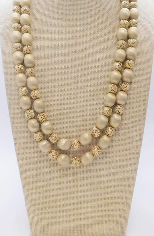Vintage Trifari Brushed Gold Tone Faux Pearl Bead Necklaces & Leaf Brooch 155.2g image number 3
