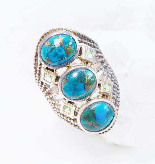 PTI India 925 Composite Chrysocolla Cabochons & Faceted Peridot Granulated Saddle Ring 11.8g image number 3