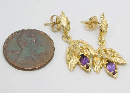 14K Gold Amethyst Marquise Accent Textured Leaves Drop Post Earrings 3.2g image number 6