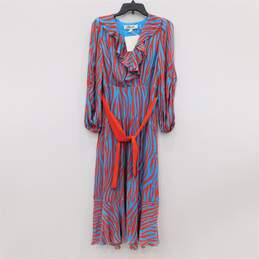 Diane von Furstenberg Jaxson Ruffled Crepe de Chine Blue & Red Zebra Print Women's Midi Dress Size S NWT with COA