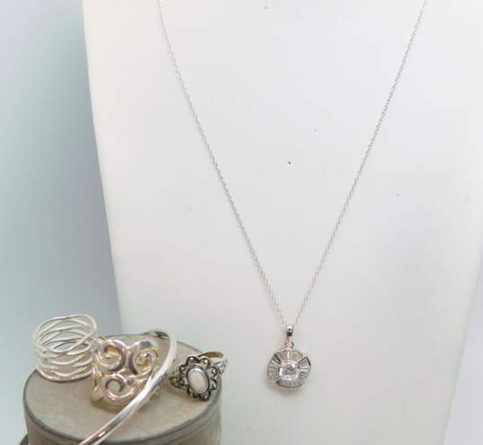 925 Sterling Silver CZ Pendant Necklace Bangle Bracelet & Rings 25.3g image number 1