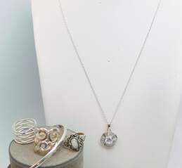925 Sterling Silver CZ Pendant Necklace Bangle Bracelet & Rings 25.3g
