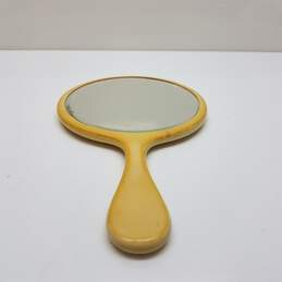 Vintage Yellow Vanity Hand Held Mirror W/Rose Back Motif