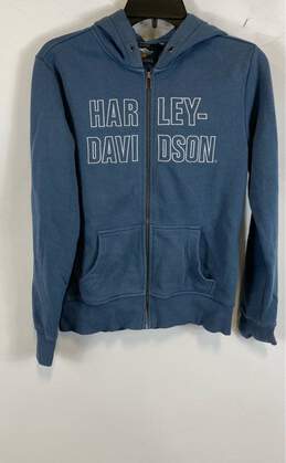 Harley Davidson Womens Blue Bar Font Long Sleeve Full Zip Hoodie Size Small