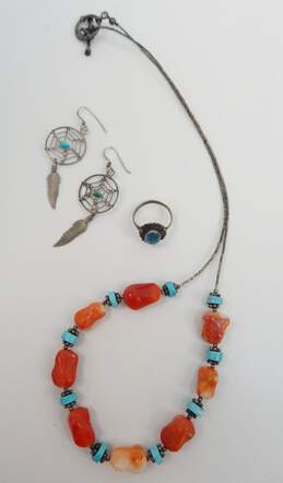 Southwestern 925 Turquoise & Coral Bead Necklace Dream Catcher Earrings & Ring