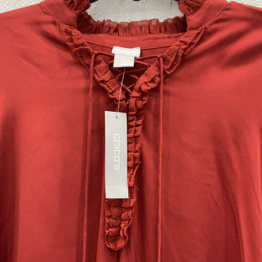 NWT Womens Red Ruffle Criss Cross Neck Long Sleeve Pullover Blouse Top Sz 1 image number 3