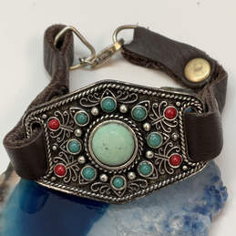 Designer Lucky Brand Silver-Tone Multicolor Stone Leather Wrap Bracelet