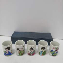 Set of 5 Japanese Geisha Design Porcelain Geisha Sake/Tea Cups