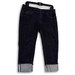 Womens Blue Denim Dark Wash Cuffed Hem Pockets Straight Leg Jeans Size 8