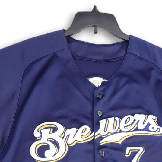 Mens Blue Yellow Milwaukee Brewers Hardy #7 Baseball MLB Jersey Size 50 image number 3