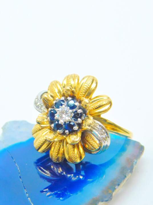 14K Yellow Gold 0.14 CTTW Diamond & Sapphire Flower Ring 7.0g image number 3