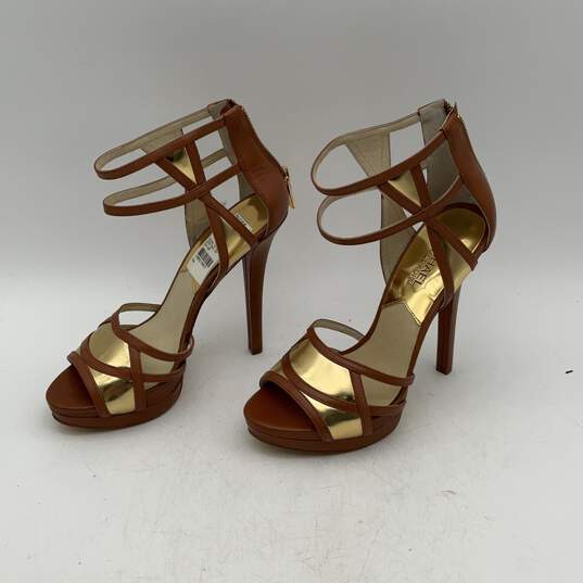 Michael Kors Womens Jaida Brown Gold High Stiletto Heels Strappy Sandals Size 7 image number 2