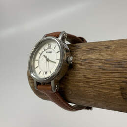 Designer Fossil ES2373 Silver-Tone Leather Strap Round Analog Wristwatch