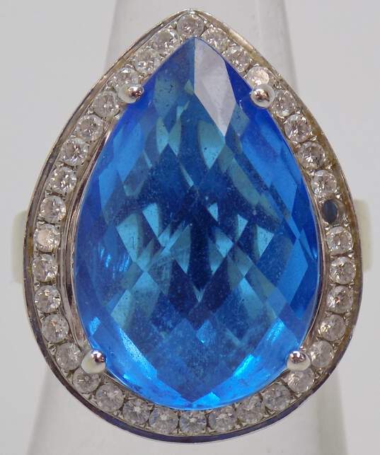 18K White Gold Faceted Blue Topaz & Cubic Zirconia Ring 14.4g image number 1