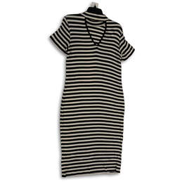 NWT Womens Black White Striped Mock Neck Stretch Midi Sheath Dress Size 12 alternative image