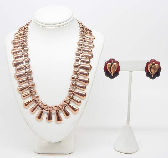 Vintage Matisse Renoir & Fashion Enamel Screw-Back Earrings & Copper Collar Necklace 59.5g image number 4