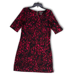Womens Black Pink Floral Short Sleeve Round Neck Back Zip Shift Dress Sz 8